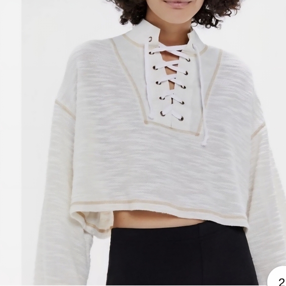 BKE Urban Outfitters Tague Lace Up Textured Cropped Knit Longsleeve Cream Shirt - Picture 2 of 13